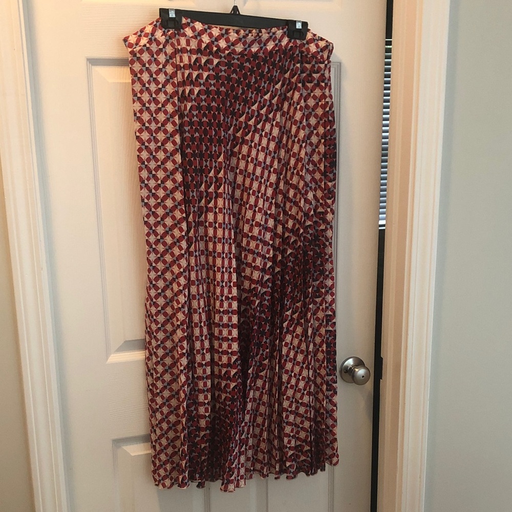 Maeve Red, Navy, Blue and Cream Color Geometric Pleated Maxi Skirt